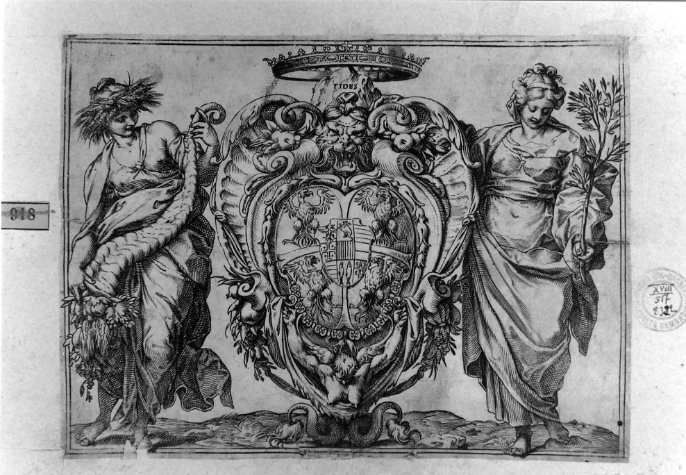 Stemma gentilizio di Vincenzo I Gonzaga con l'Abbondanza e la Pace - Collezione Remondini. Bassano del Grappa. Vicenza